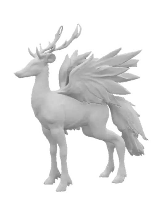 3D model for A creature resembling a hybrid of a deer and a phoenix, with smooth, obsidian-black fur that has fiery orange and gold streaks running through it. Its legs are long and slender, ending in hooves that shimmer like molten metal. Two large, feathery wings sprout from its back, each feather glowing softly with ember-like tips. Its head is elegant, with glowing, silver antlers that twist upwards, and deep, amber eyes. The tail is long and #fairy#.