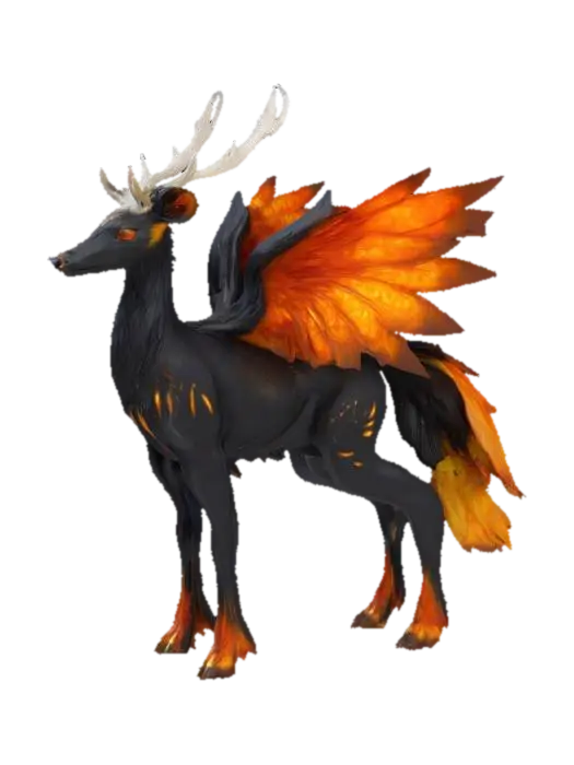 3D model for A creature resembling a hybrid of a deer and a phoenix, with smooth, obsidian-black fur that has fiery orange and gold streaks running through it. Its legs are long and slender, ending in hooves that shimmer like molten metal. Two large, feathery wings sprout from its back, each feather glowing softly with ember-like tips. Its head is elegant, with glowing, silver antlers that twist upwards, and deep, amber eyes. The tail is long and #fairy#.