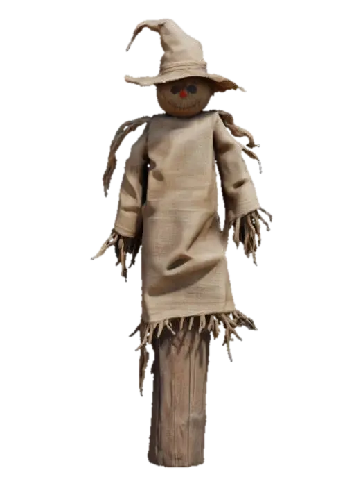 A weathered scarecrow stands tall on a wooden post, its body made from burlap sacks… - Harvest 3D model, vytvořený pomocí AI