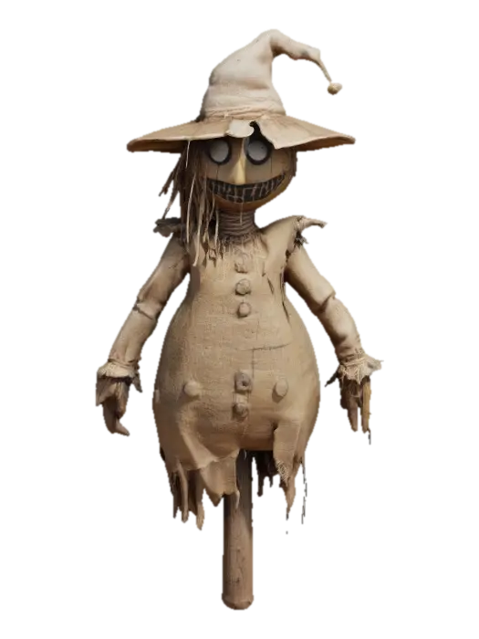 A weathered dark fantasy inspired scarecrow stands tall on a wooden post, its body… - Burlap 3D model, vytvořený pomocí AI