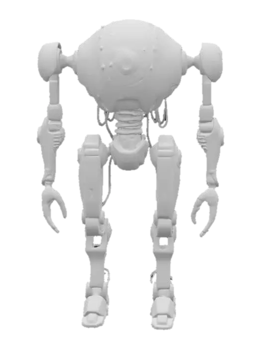 3D model for a forgotten war machine with a humanoid frame, covered in rusted armor. Its head is open, revealing a flickering memory core. Only exposed pistons, dented plates, and a spine of loose wires. One eye glows dimly, the other shattered. Design it as a relic of a war long past.