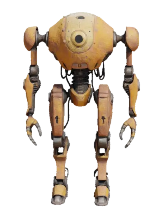 3D model for a forgotten war machine with a humanoid frame, covered in rusted armor. Its head is open, revealing a flickering memory core. Only exposed pistons, dented plates, and a spine of loose wires. One eye glows dimly, the other shattered. Design it as a relic of a war long past.