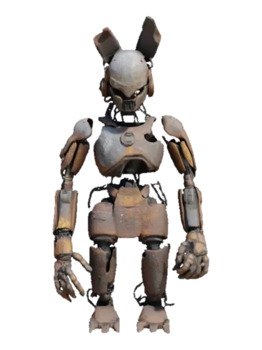 3D model for a forgotten war machine with a humanoid frame, covered in rusted armor. Its head is open, revealing a flickering memory core. Only exposed pistons, dented plates, and a spine of loose wires. One eye glows dimly, the other shattered. Design it as a relic of a war long past.