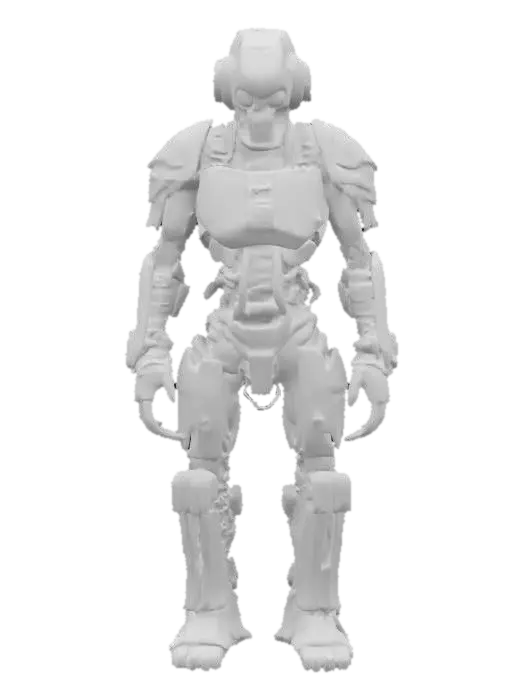 3D model for a forgotten war machine with a humanoid frame, covered in rusted armor. Its head is open, revealing a flickering memory core. Only exposed pistons, dented plates, and a spine of loose wires. One eye glows dimly, the other shattered. Design it as a relic of a war long past.