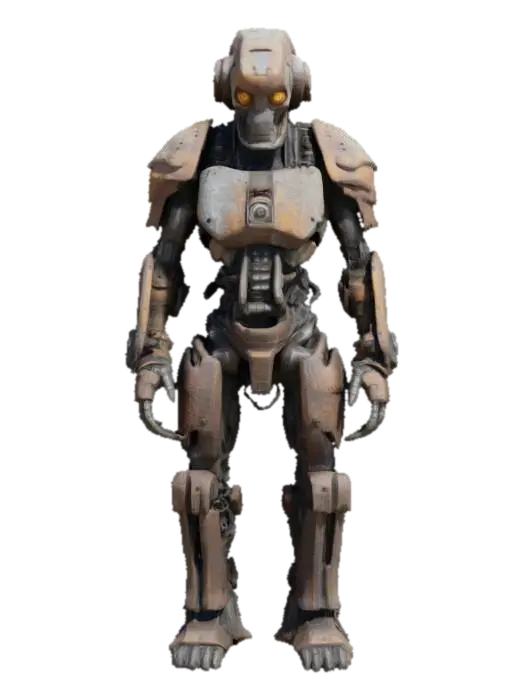 3D model for a forgotten war machine with a humanoid frame, covered in rusted armor. Its head is open, revealing a flickering memory core. Only exposed pistons, dented plates, and a spine of loose wires. One eye glows dimly, the other shattered. Design it as a relic of a war long past.
