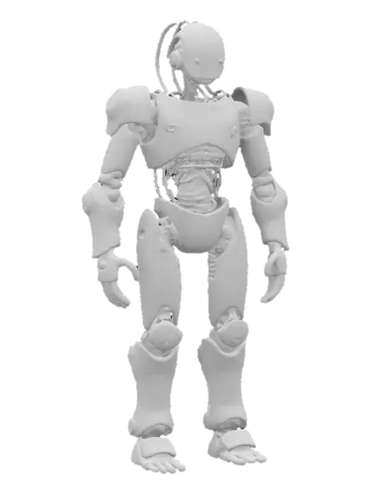 3D model for a forgotten war machine with a humanoid frame, covered in rusted armor. Its head is open, revealing a flickering memory core. Only exposed pistons, dented plates, and a spine of loose wires. One eye glows dimly, the other shattered. Design it as a relic of a war long past.