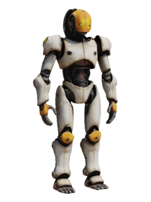 3D model for a forgotten war machine with a humanoid frame, covered in rusted armor. Its head is open, revealing a flickering memory core. Only exposed pistons, dented plates, and a spine of loose wires. One eye glows dimly, the other shattered. Design it as a relic of a war long past.