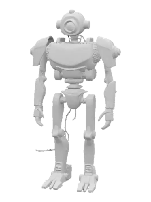 3D model for a forgotten war machine with a humanoid frame, covered in rusted armor. Its head is open, revealing a flickering memory core. Only exposed pistons, dented plates, and a spine of loose wires. One eye glows dimly, the other shattered. Design it as a relic of a war long past.