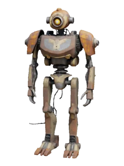 3D model for a forgotten war machine with a humanoid frame, covered in rusted armor. Its head is open, revealing a flickering memory core. Only exposed pistons, dented plates, and a spine of loose wires. One eye glows dimly, the other shattered. Design it as a relic of a war long past.