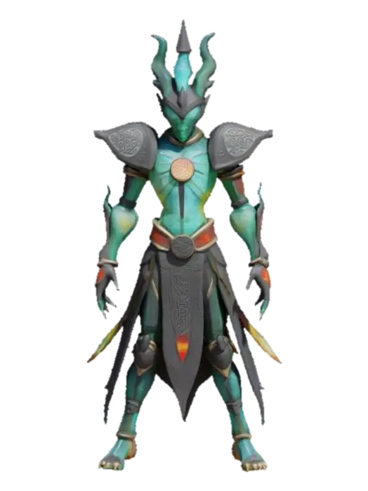 3D model for an ancient glass warrior. Its body is sculpted from stained glass and obsidian, each shard etched with forgotten symbols. exposed joints, glowing cores, and reflective plates shifting color with emotion. Fingers taper into sharp crystal tips. Eyes are hollow yet shine with inner light. Its footsteps chime softly. create a being both fragile and deadly.