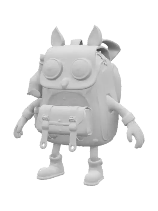 3D model for a sentient traveler’s backpack with legs and eyes, made of worn leather, patched fabric, and enchanted gear, carrying potions. Mix fantasy and funny styles. 
