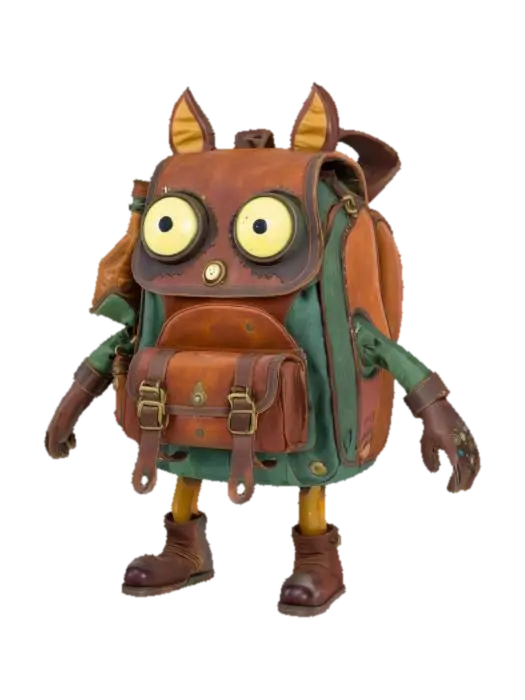 3D model for a sentient traveler’s backpack with legs and eyes, made of worn leather, patched fabric, and enchanted gear, carrying potions. Mix fantasy and funny styles. 