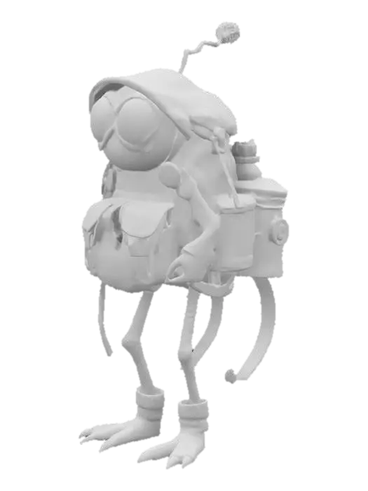 3D model for a sentient traveler’s backpack with legs and eyes, made of worn leather, patched fabric, and enchanted gear, carrying potions. Mix fantasy and funny styles. 
