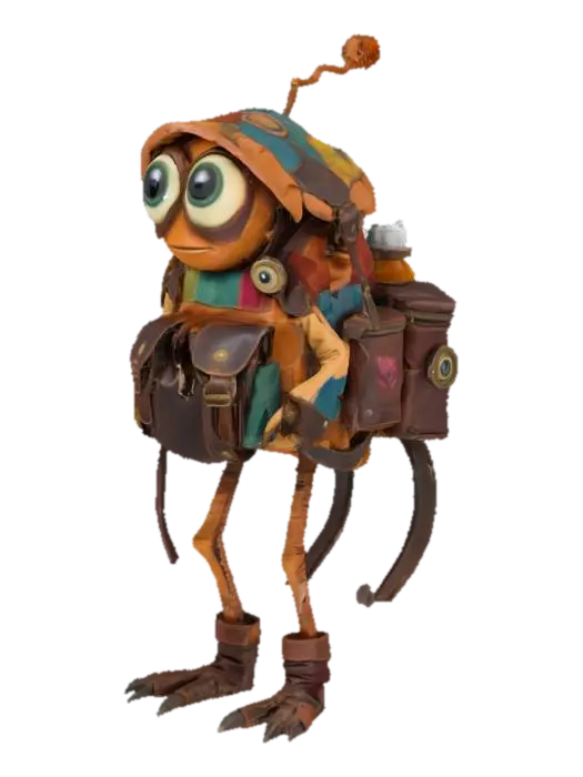 3D model for a sentient traveler’s backpack with legs and eyes, made of worn leather, patched fabric, and enchanted gear, carrying potions. Mix fantasy and funny styles. 