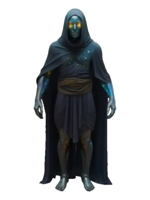A lone warden cloaked in frayed cosmic silk, face veiled beneath a cracked glass… - Corruption 3D model, vytvořený pomocí AI