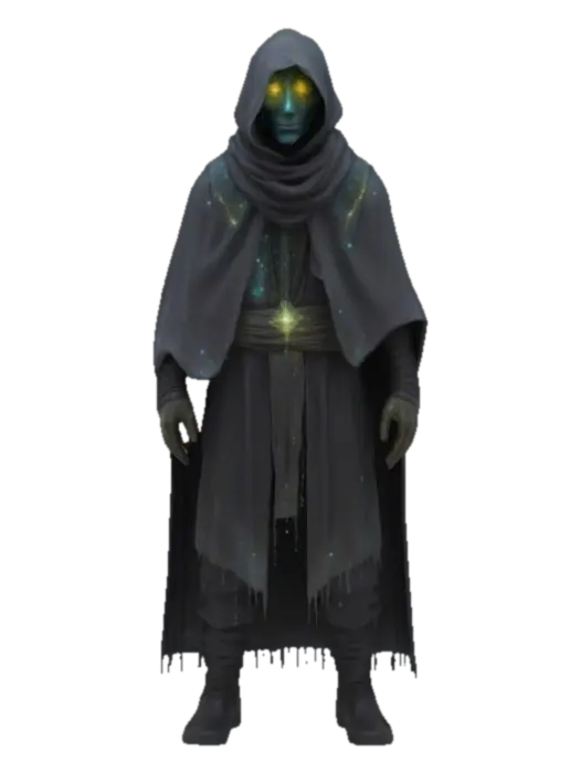 A lone warden cloaked in frayed cosmic silk, face veiled beneath a cracked glass… - Corruption 3D model, vytvořený pomocí AI