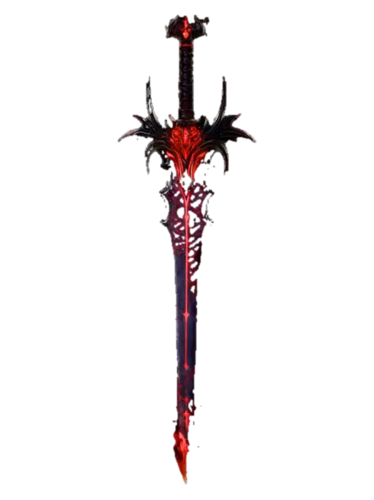A dark, demonic long greatsword, forged of jagged black metal with crimson… 3D model, vytvořený pomocí AI