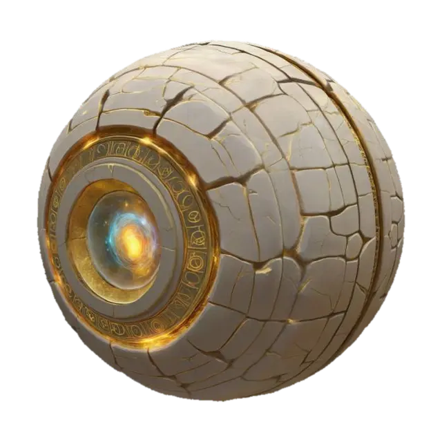 3D model for Design a floating ancient relic—an orb of cracked stone wrapped in golden rings that rotate slowly, emitting soft light beams. Runes glow across its surface, shifting like constellations. Inside, a swirling galaxy core pulses with energy. It hovers silently, reacting to nearby movement with subtle hums. The asset should fit a mystical sci-fi world, combining magic and technology, 
