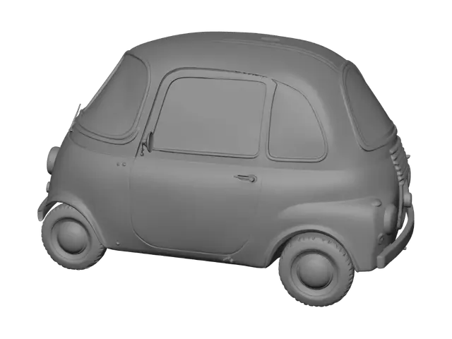 3D model for Compact rounded sedan car, friendly grounded proportions, painted metal body in solid cheerful color, big transparent windshield showing a simple interior with steering wheel, chunky tires as separate wheel shapes, subtle wear on lower panels. Real 4.2m length. | Sports-car low, windows opaque, wheels fused into body, cartoon squash. | spline |