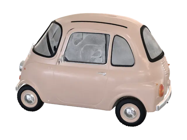 3D model for Compact rounded sedan car, friendly grounded proportions, painted metal body in solid cheerful color, big transparent windshield showing a simple interior with steering wheel, chunky tires as separate wheel shapes, subtle wear on lower panels. Real 4.2m length. | Sports-car low, windows opaque, wheels fused into body, cartoon squash. | spline |
