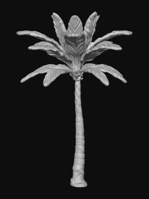 3D model for Minimalist palm tree, clean stylized form with a slim, slightly curved trunk, smooth surface with subtle ring segments. Solid muted brown or desaturated tone. Top has a small cluster of 5–7 simple elongated fronds, flat or slightly curved, evenly spaced in a radial pattern. Leaves are solid green with no fine detail, smooth edges, slightly tapered tips. Low-poly or soft-rounded geometry, no texture noise, clean silhouette, modern stylized look.