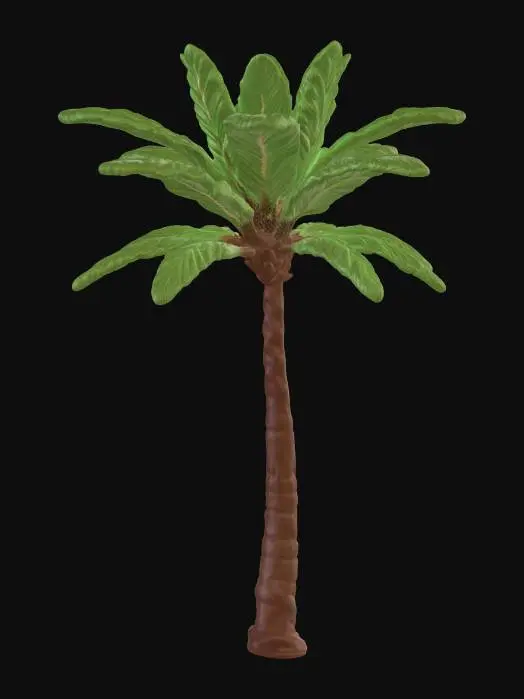 3D model for Minimalist palm tree, clean stylized form with a slim, slightly curved trunk, smooth surface with subtle ring segments. Solid muted brown or desaturated tone. Top has a small cluster of 5–7 simple elongated fronds, flat or slightly curved, evenly spaced in a radial pattern. Leaves are solid green with no fine detail, smooth edges, slightly tapered tips. Low-poly or soft-rounded geometry, no texture noise, clean silhouette, modern stylized look.