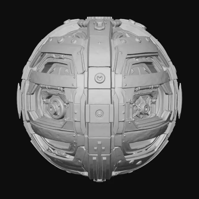 3D model for Sci-fi metallic orb, perfectly spherical, composed of layered segmented panels with exposed inner machinery. Brushed steel and dark alloy surfaces with glowing seams (blue or cyan). Panels slightly offset, revealing cables, vents, and rotating mechanical rings beneath. Intricate surface detailing—tiny screws, grooves, and circuit-like patterns. Subtle wear with heat discoloration and fine scratches. Central core emits a soft pulsing light through gaps. Mix of matte and semi-gloss metals, high-tech, futuristic, precision-engineered look.