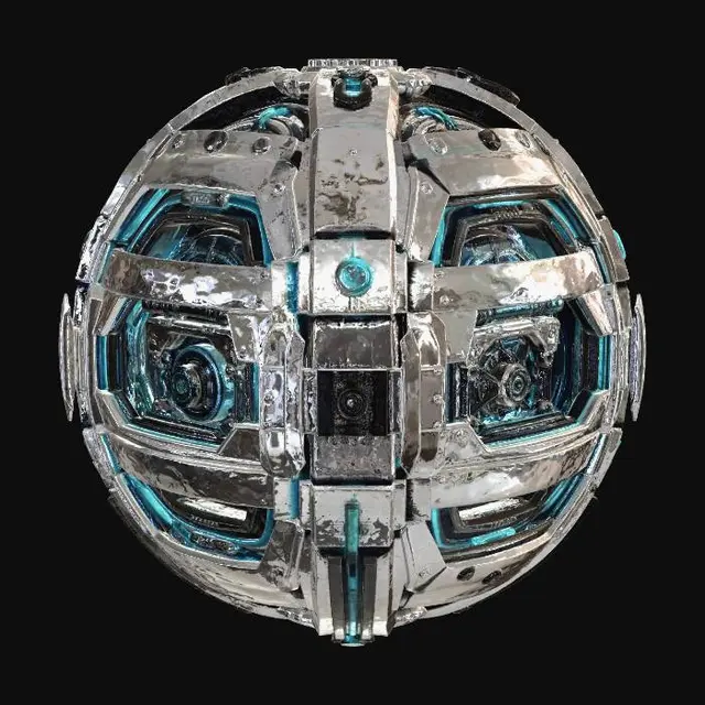 3D model for Sci-fi metallic orb, perfectly spherical, composed of layered segmented panels with exposed inner machinery. Brushed steel and dark alloy surfaces with glowing seams (blue or cyan). Panels slightly offset, revealing cables, vents, and rotating mechanical rings beneath. Intricate surface detailing—tiny screws, grooves, and circuit-like patterns. Subtle wear with heat discoloration and fine scratches. Central core emits a soft pulsing light through gaps. Mix of matte and semi-gloss metals, high-tech, futuristic, precision-engineered look.