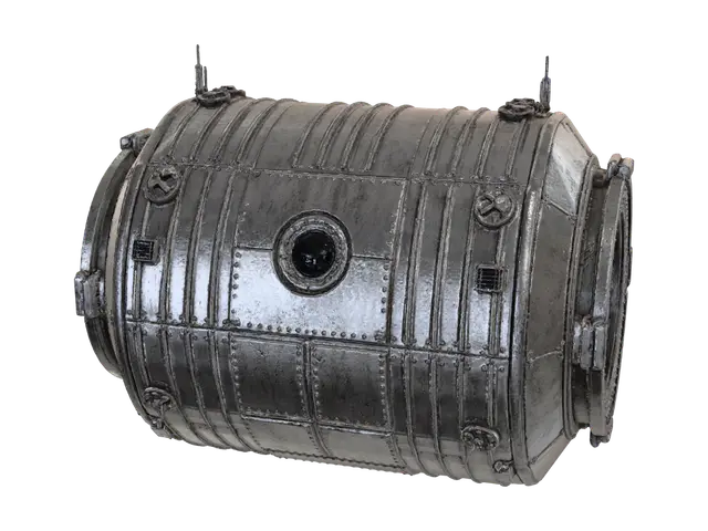 3D model for Keep the same module, same materials, same greebles and window exactly as shown. Rotate/adjust the view slightly so BOTH the front and rear ends of the cylinder are clearly visible in one shot, isometric 3/4 view. The rear end must be an explicit mirror match of the front docking flange: same circular hatch door, same raised bolt-circle ring, same diameter and bolt count, same protruding coupling lip geometry as the front port. Both ends should look mechanically identical and clearly compatible for docking a connector tunnel. Clean isolated object on plain white studio background, no text, no labels, no collage.