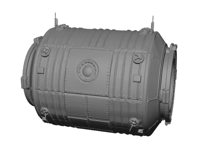 3D model for Keep the same module, same materials, same greebles and window exactly as shown. Rotate/adjust the view slightly so BOTH the front and rear ends of the cylinder are clearly visible in one shot, isometric 3/4 view. The rear end must be an explicit mirror match of the front docking flange: same circular hatch door, same raised bolt-circle ring, same diameter and bolt count, same protruding coupling lip geometry as the front port. Both ends should look mechanically identical and clearly compatible for docking a connector tunnel. Clean isolated object on plain white studio background, no text, no labels, no collage.
