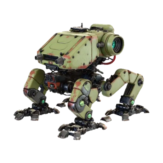A battle-worn, heavily armored four-legged combat mech, featuring a blocky,… - Fourlegged 3D model, vytvořený pomocí AI