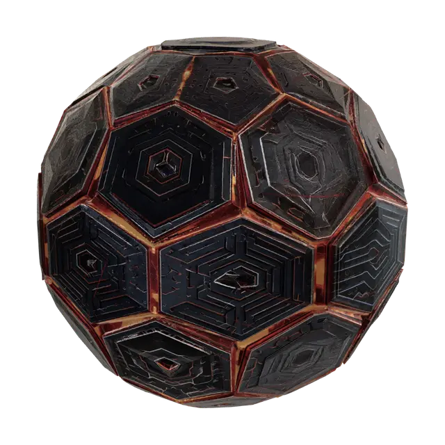 3D model for Take the exact hex panel structure and geodesic sphere layout from the first image — same panel sizing, same gaps, same circuit board etching detail on every hexagon face. Apply the neon orange glowing chassis from the second image — blazing neon orange light emanating from the gaps between every panel, structured glowing lattice visible underneath. Panels are ultra-premium dark anodized gunmetal with intricate circuit trace engravings, raised bevel edges with mirror specular highlights. Neon glow bounces off panels. Dark dramatic background, reflective floor, photorealistic 8K cinematic render.
