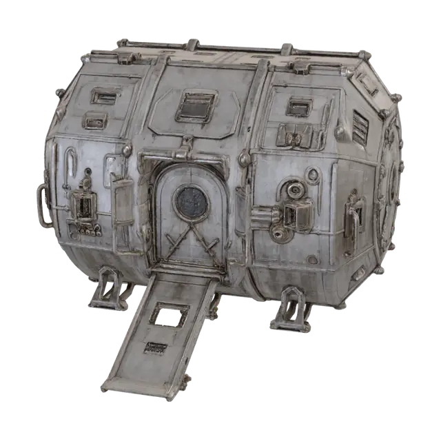 3D model for Crop out only the leftmost "PERSPECTIVE" panel module (the one with the ladder and open ramp, shown at an angle) exactly as it appears. Isolate it on a plain flat dark gray background, centered, no text, no labels, no other panels visible, no ground shadow reflections beyond a simple soft shadow.