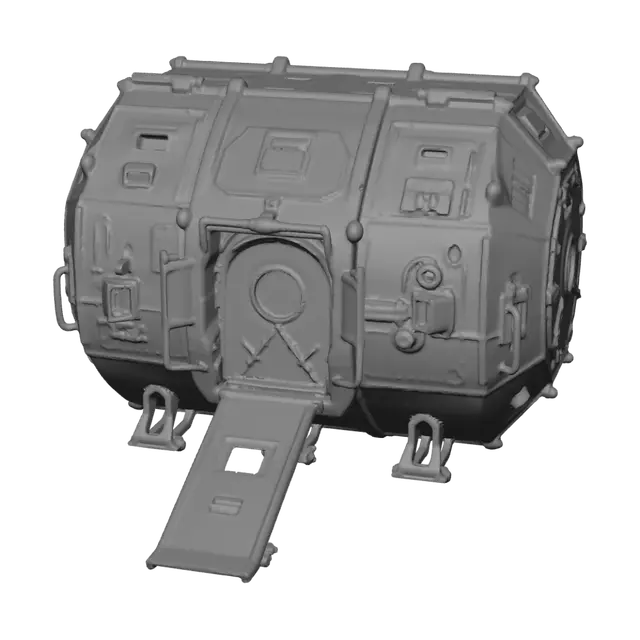 3D model for Crop out only the leftmost "PERSPECTIVE" panel module (the one with the ladder and open ramp, shown at an angle) exactly as it appears. Isolate it on a plain flat dark gray background, centered, no text, no labels, no other panels visible, no ground shadow reflections beyond a simple soft shadow.