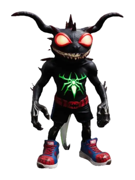 FROG, spider man, demon horns, glowing eyes, vampire teeth, thorn clothes, punk… - Spiderman 3D model, vytvořený pomocí AI