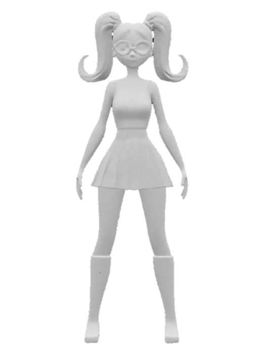 3D model for ultra-realistic, create a young woman, outstanding elegance, 3D, standing, full body, orange twin picktail hair, oversized red glasses, wearing a very short pleedet shoulder free pink dress with a violet pleated skirt and a blue belt, she got modern long black boots, her skin is caramel warm-toned , arms outstretched, a-pose, boots clear apart, digital art,very-high quality, high resolution, ultra-high detailed, well lit., #women#,