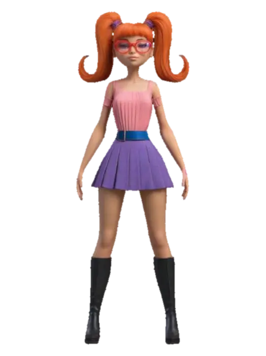 3D model for ultra-realistic, create a young woman, outstanding elegance, 3D, standing, full body, orange twin picktail hair, oversized red glasses, wearing a very short pleedet shoulder free pink dress with a violet pleated skirt and a blue belt, she got modern long black boots, her skin is caramel warm-toned , arms outstretched, a-pose, boots clear apart, digital art,very-high quality, high resolution, ultra-high detailed, well lit., #women#,
