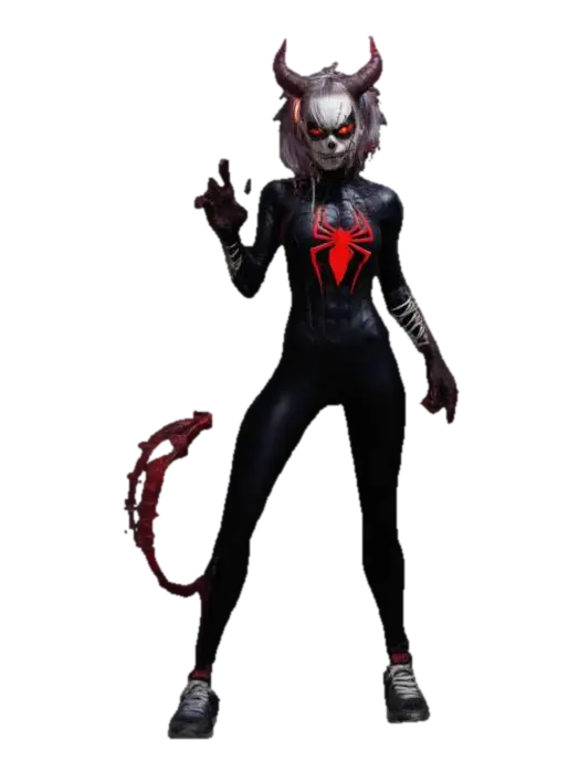 3D model for woman in spider man suit, demon horns, glowing eyes, vampire teeth,  thorn clothes,  punk hair, skeleton tail, dirty sneakers,, #women#