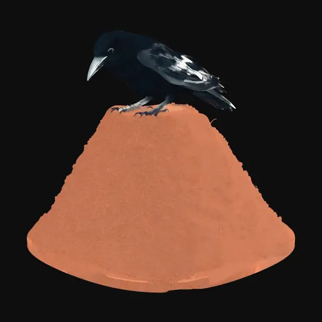 3D model for brauner runder Ameisenhaufen mit einer schwarzen Krähe oben drauf