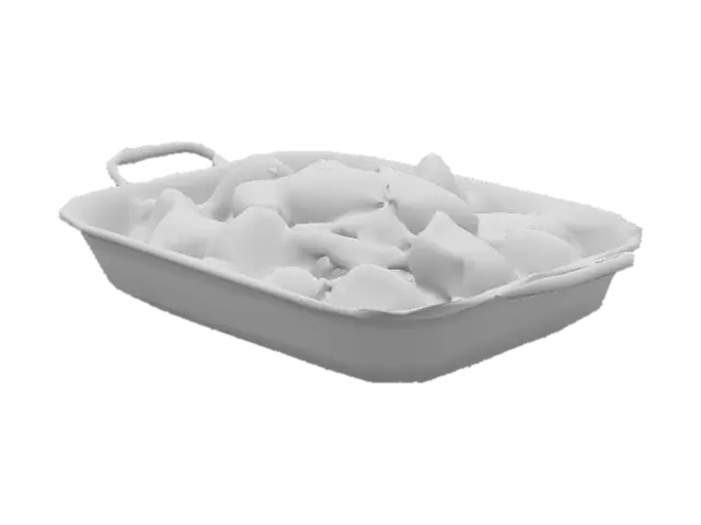 3D model for a tray of delicious chinese orange chicken, the food is in a rectangular metal pan, hyper realistic, ultra detailed, blank background
