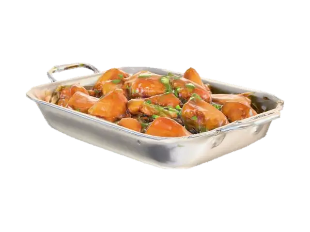 3D model for a tray of delicious chinese orange chicken, the food is in a rectangular metal pan, hyper realistic, ultra detailed, blank background
