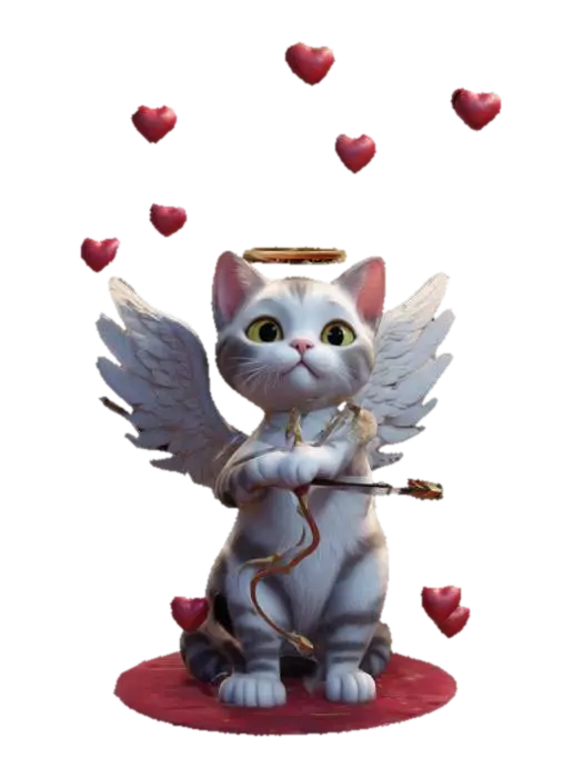 a cat with angel wings and a halo, holding a bow and arrow, surrounded by floating… - Cupid 3D model, vytvořený pomocí AI