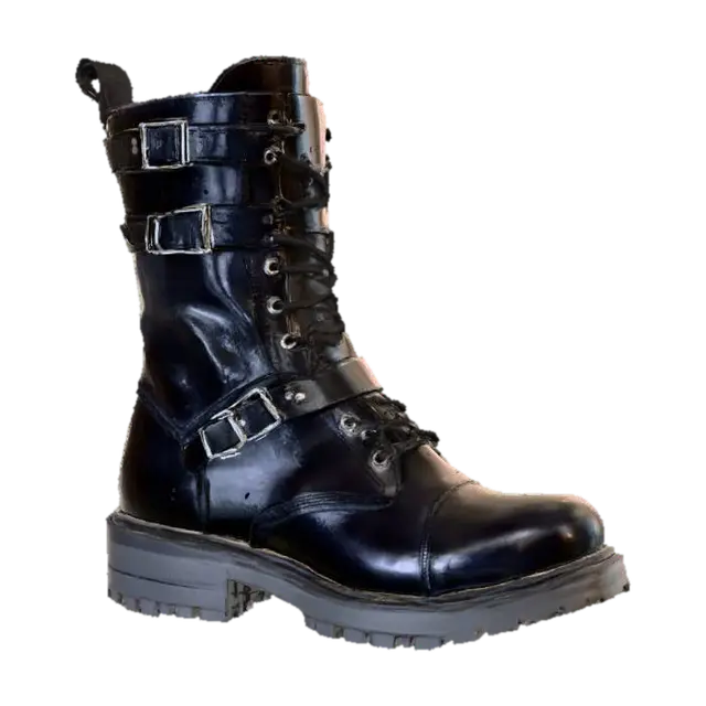 3D model for mens goth boot, black leather with buckles and studs, blank background