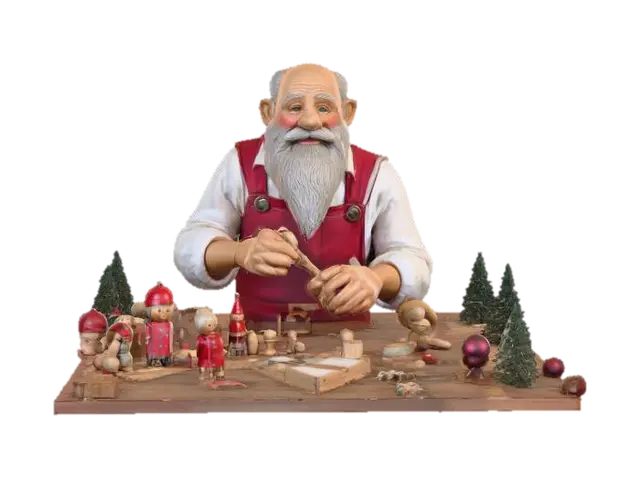 #Christmas2025#, An old toymaker working on Christmas toys. Ultra highly detailed… 3D model, vytvořený pomocí AI