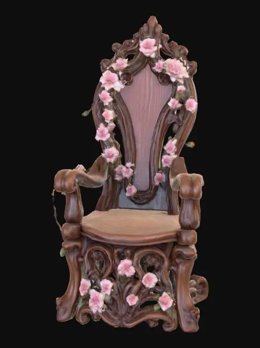 3D model for #PBR#, High quality realistic elf fantasy furniture made of wood. Should have flowers entwined. High detail. Solid infill. High quality realistic textures. 