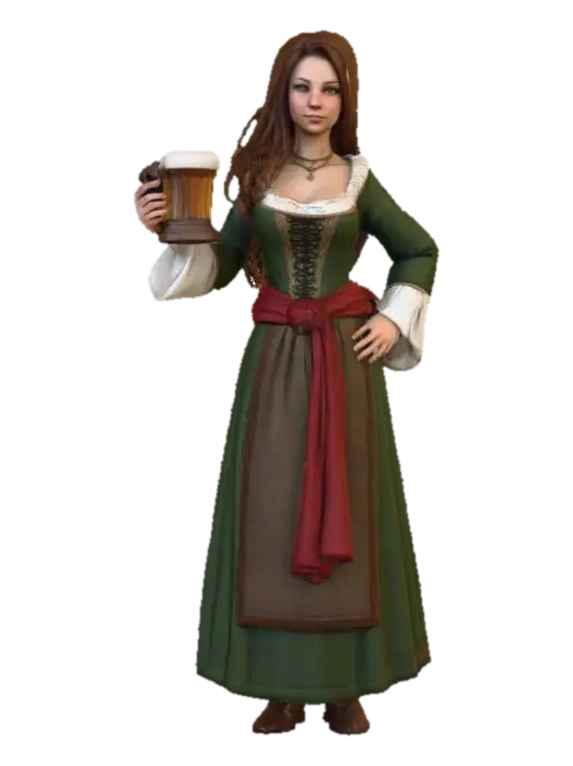 Highly realistic medieval bar maiden OR barkeep. Highly detailed on all. Period… - Barmaid 3D model, vytvořený pomocí AI