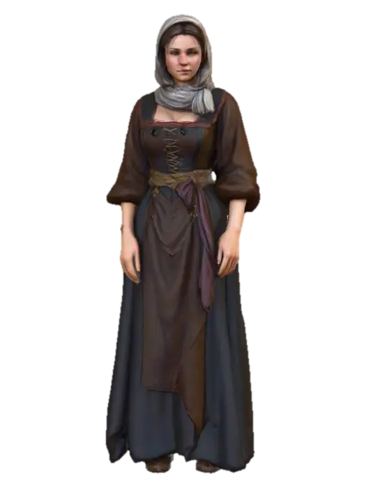 Highly realistic medieval bar maiden OR barkeep. Highly detailed on all. Period… - Barmaid 3D model, vytvořený pomocí AI