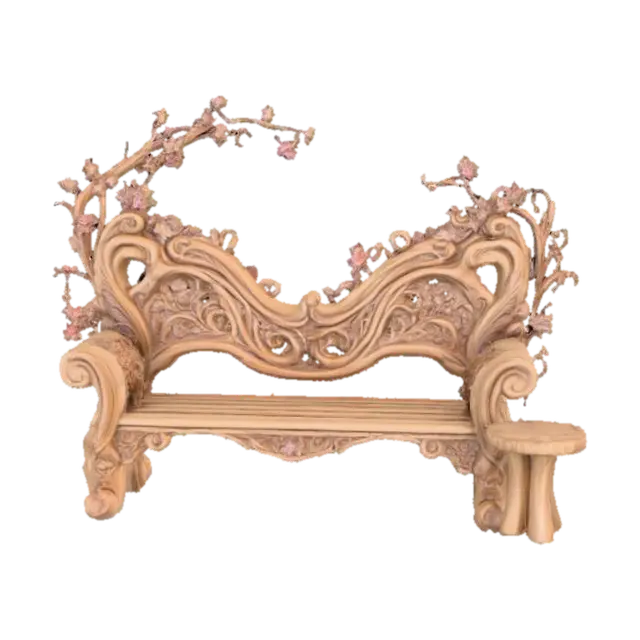 3D model for #PBR#, High quality realistic elf fantasy furniture made of wood. Should have flowers entwined. High detail. Solid infill. High quality realistic textures. 