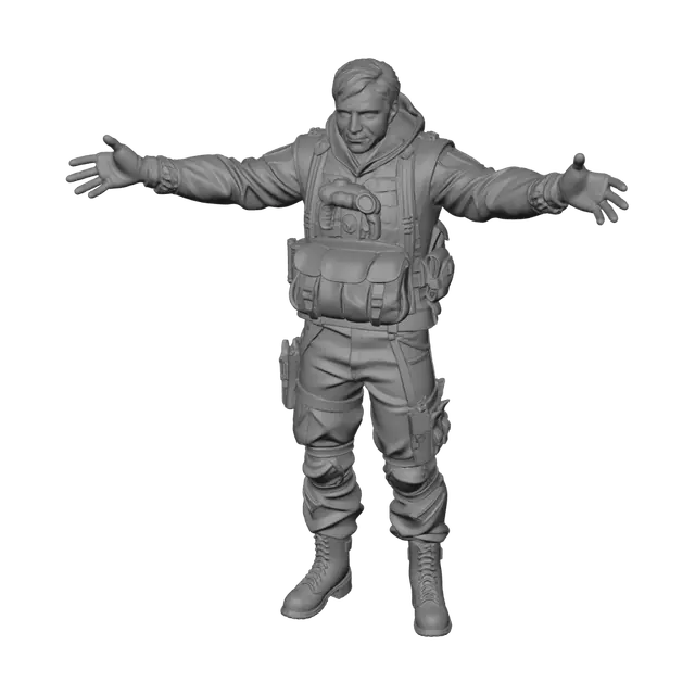 3D model for A rugged sci - fi character in T - pose (arms fully extended horizontally to the sides, palms facing down, legs straight and feet together), wearing a heavily worn, multi - layered tactical outfit with various pouches and gear, dark and muted color palette, detailed textures showing dirt and wear, against a plain dark background, hyper - realistic, cinematic lighting.