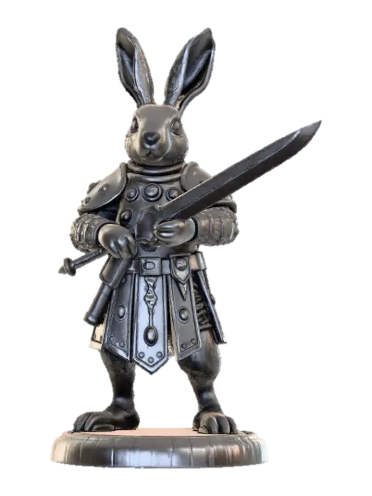 A chunky, solid 3D printable miniature of a warrior rabbit, 32mm heroic scale,… - Stl 3D model, vytvořený pomocí AI